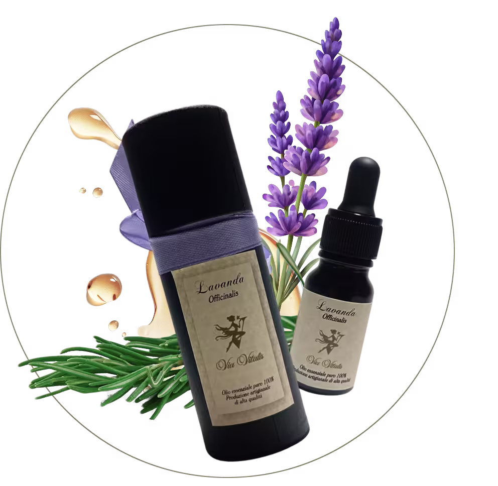 Bottiglie di oli essenziali Via Vitalis con lavanda